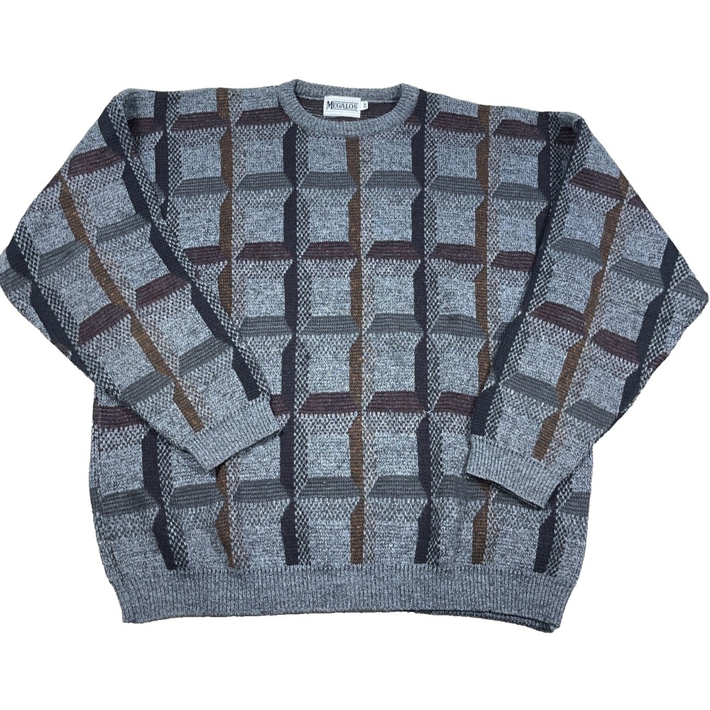 Vintage Grandpa Sweater Men 2X Gray Black Geometric Acrylic Knit Crewneck 90s US